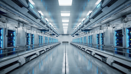 Fototapeta premium Futuristic biotechnology laboratory with glowing blue automated bioreactor systems
