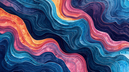 Obraz premium Abstract Layered Wavy Lines Pattern with Topographical Feel and Vibrant Colors wallpaper 4k ,Generative AI.