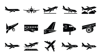 Collection of Black and White Icons Representing Various Aspects of Airplanes and Aviation Technology. © GJ