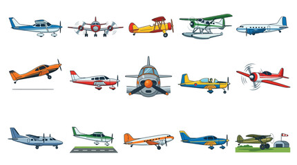 A diverse collection of various aircraft, including biplanes, seaplanes, and modern planes, displayed against a white background. © GJ