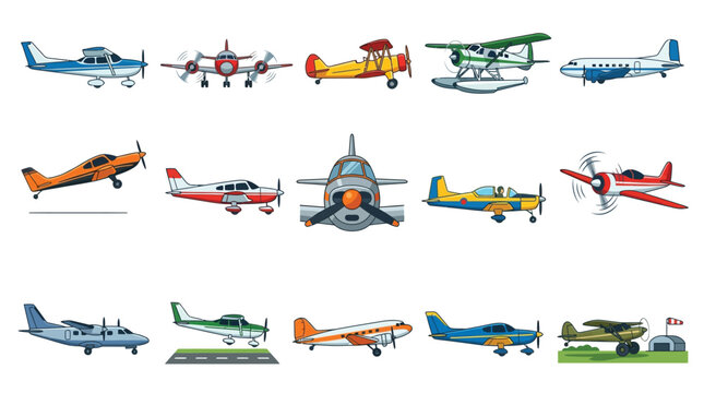 A diverse collection of various aircraft, including biplanes, seaplanes, and modern planes, displayed against a white background.