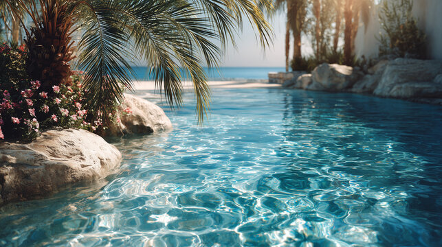 Luxury Poolside Oasis with Ocean View and Palm Trees