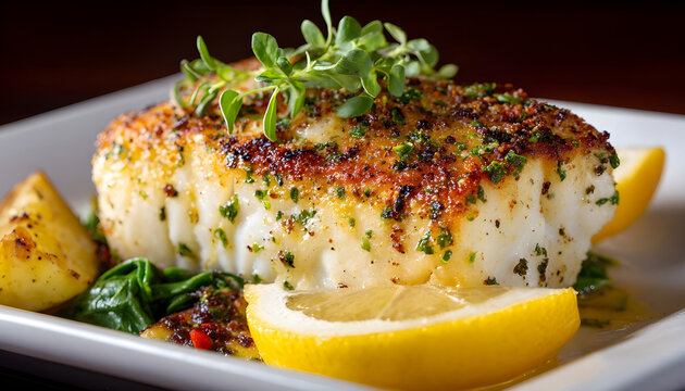 Side view of baked cod with lemon garnish, a white fish restaurant dish. Food photography.