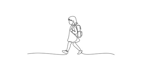 Obraz premium A line drawing of a girl walking with a backpack on her back school student