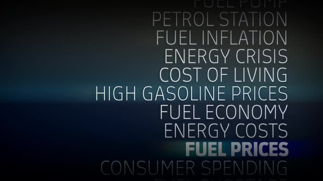 Animated financial concept background highlighting the phrase fuel prices within floating economic terms such as gasoline costs, energy economy and consumer spending, representing rising fuel costs