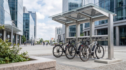 Modular charging hub for electric bicycles in a modern city square with solar glass canopy © Mukhliez