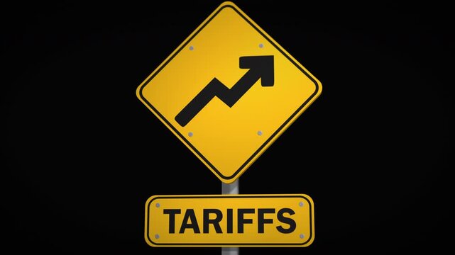 Yellow warning style road sign with upward arrow and tariffs label symbolizing increasing trade tariffs, economic pressure and protectionist policy in global commerce and international markets.
