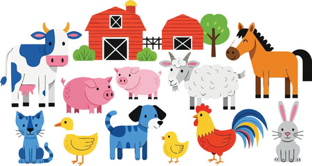 Flat vector illustration of farm animals and a red barn © Husmath