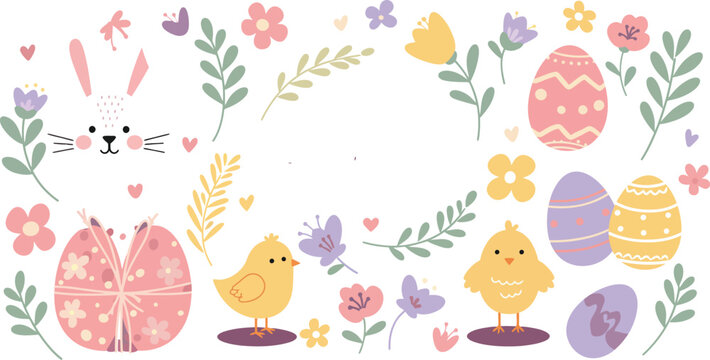 A cute cartoon vector illustration of a baby chick and Easter eggs in a spring nature frame with yellow flowers, butterflies, and a grass pattern for a festive holiday greeting card design