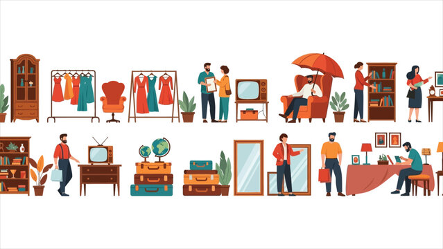Bustling Vintage Market & Thrift Store Illustration.