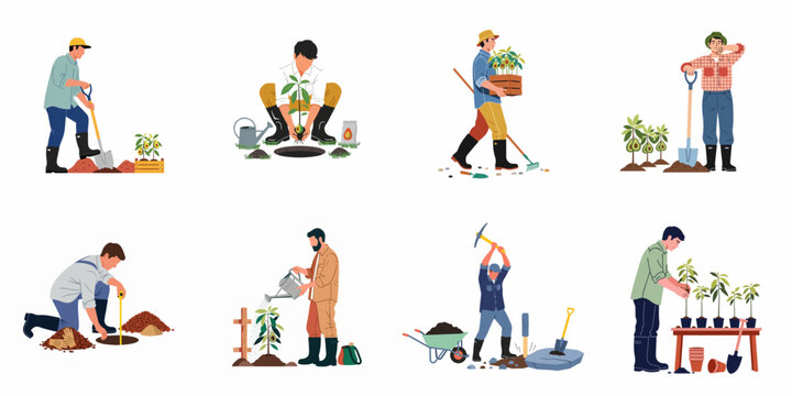 Set of flat vector illustrations depicting male farmers and gardeners planting, watering, and caring for avocado trees using various agricultural tools.