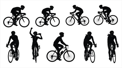 Obraz premium Cycling and Mountain Biking Silhouette Set Diverse Athletes in Action, Celebrating Victory, and Road Racing for Fitness Branding
