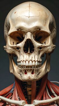 A human skull with exposed muscles and bones