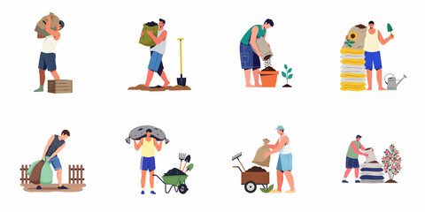 Fototapeta premium Flat illustration set of men gardening, carrying heavy bags of soil, planting, and using garden tools like wheelbarrows and shovels on white background.