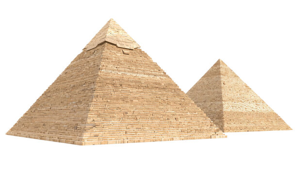 Majestic ancient Egyptian pyramids stand tall against a white background, showcasing historical architecture and iconic landmarks of the past