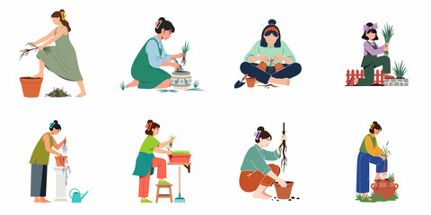 Fototapeta premium Flat vector illustration set featuring diverse women and girls gardening, planting seedlings, and repotting plants in various pots.