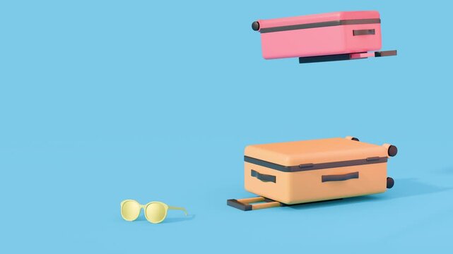 Minimal 3D suitcases placed in a clean blue environment with small travel items, representing simple summer packing and vacation preparation. Copy space