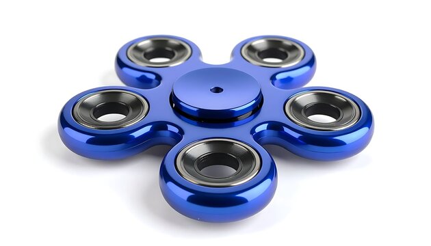A shiny blue fidget spinner on a white background