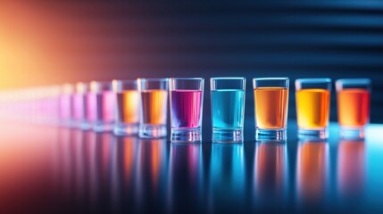 Shot Multiple shot glasses filled with colorful drinks lined up on a reflective bar counter