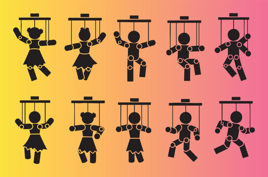 Colorful wooden marionette puppets in various poses and styles