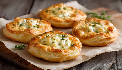 Obraz premium Freshly baked golden puff pastry tarts with cheese and herbs on parchment paper, showcasing delicious homemade savory bakery food.