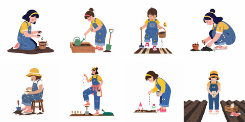 Fototapeta premium Collection of flat vector illustrations depicting a young girl in denim overalls performing various gardening tasks like sowing seeds and planting.