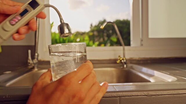 First Person View Of Hand Filling Glass With Tap Water Under Kitchen Faucet Before Measuring Ppm With Digital Tester Near Window With Tropical Green Landscape. Drinking Water Quality Check