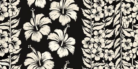 Elegant seamless pattern of hibiscus flowers and tropical foliage © Tapan