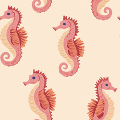 Obraz premium Seamless seahorse pattern with pink coral sea horses on a soft beige background, cute underwater repeating design in a playful hand drawn coastal illustration style