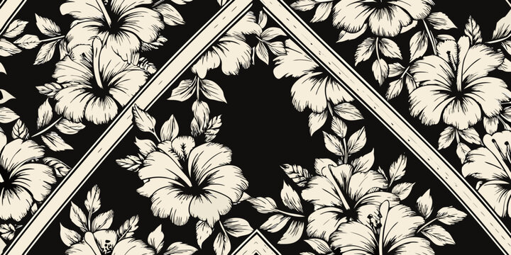 Elegant seamless pattern featuring tropical hibiscus flowers and geometric lines