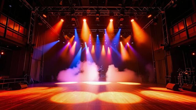 Empty music stage with vibrant orange and blue spotlights shining through thick fog in a large dark theater