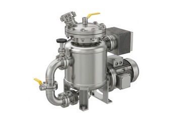 Industrial stainless steel machine with multiple pipes and valves for processing. isolated on white background