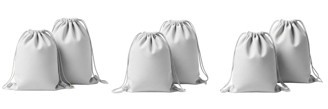 Blank White Canvas Drawstring Bag Mockup Set - Realistic Cotton Calico Pouch for Branding and Packaging Isolated on White Background