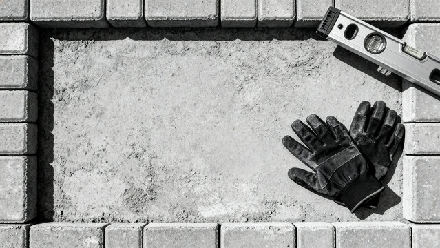 Industrial Paving Stones and Tools Frame on Concrete Copy Space