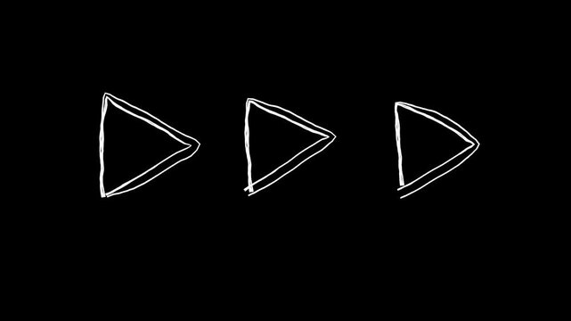 三角形の矢印の落書き線画イラスト。線が動く手描きのアイコン動画。ループする4Kアニメーション。黒背景に白いペンでフリーハンドで描いた絵のデコレーションスタンプ