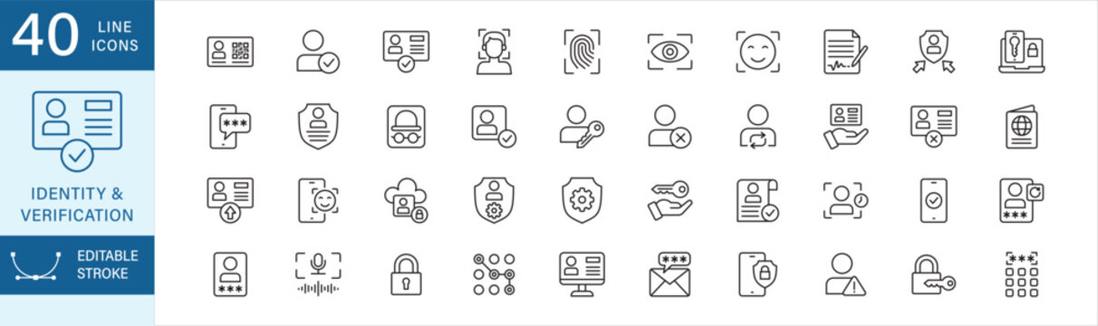 Identity and verification icon set. Line icon editable. Containing ID card, biometric, fingerprint, face ID, retina, digital signature, authentication, access, voice recognition, profile, security.