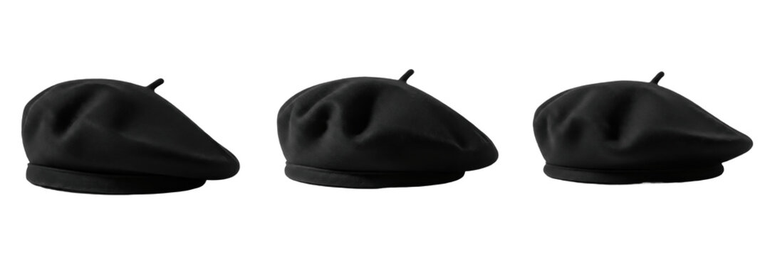 Classic Black Wool Beret Hat Set Isolated on White Background French Style Fashion Accessory