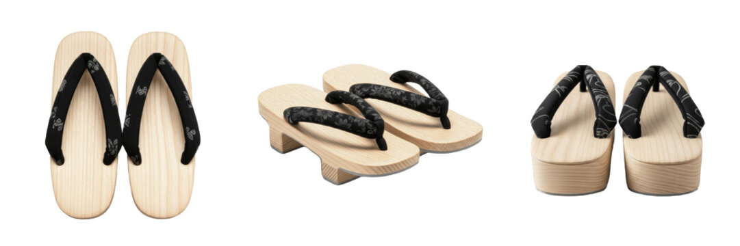 Traditional Japanese Geta Wooden Sandals Set with Black Fabric Straps Isolated on White Background