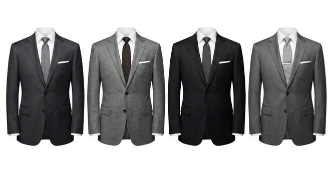 Collection of men's formal suits on mannequins, perfect for business or formal event on transparent Background. Step into style with our trendiest picks. Elevate your wardrobe with a classic tailored