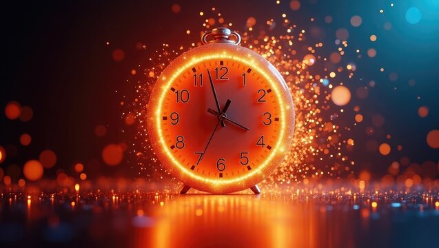 A luminous, glowing alarm clock sits amid sparkling particles, set against a dark, bokeh-filled backdrop.