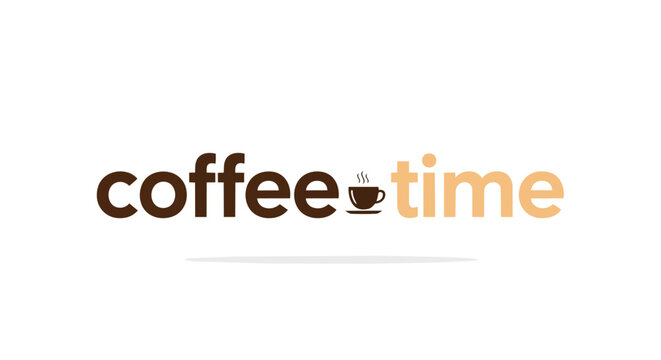 A minimalist and inviting brown and beige 'coffee time' wordmark logo design with a steaming cup icon replacing a letter, perfect for cafes and