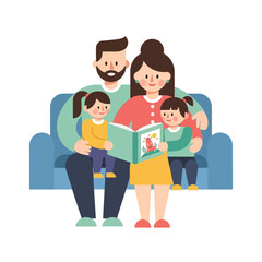 Obraz premium Family Reading Book Together on Sofa, Parents and Children Enjoying Story Time