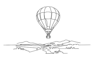Hot air balloons over landscape one continuous line drawing.
