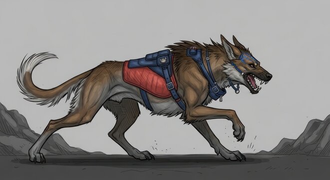 Dynamic Profile of a Ferocious Two-Headed Cybernetic Wolf Beast.