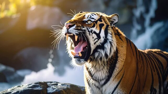 Majestic orange tiger snarling with wide open mouth and sharp fangs near a rocky waterfall in the wild jungle