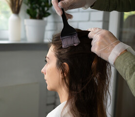 Fototapeta premium gloved hand applies dye or treatment to a woman's hair roots with brush in bright room. The concept of home care in beauty salon