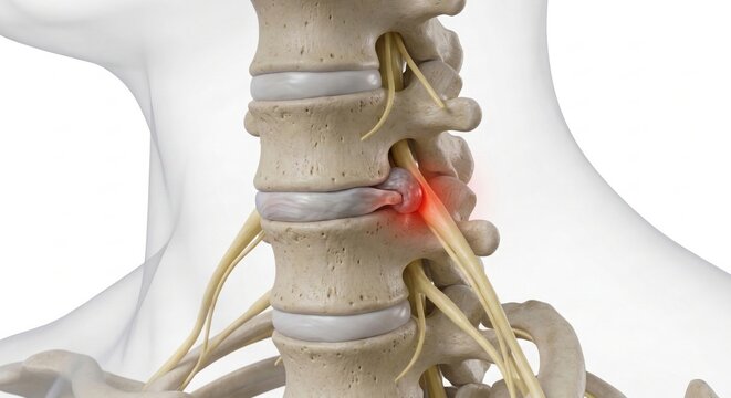 Anatomical visualization cervical radiculopathy pinched nerve root compression neck spine representing acute shooting pain neurological pathology within clinical medical science visual