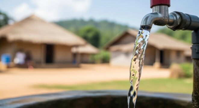 Flowing Tap Water Brings Life to a Rural Village with Thatched Huts.