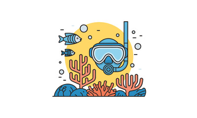 Fototapeta premium Underwater marine life illustration with fish and coral reef on white background