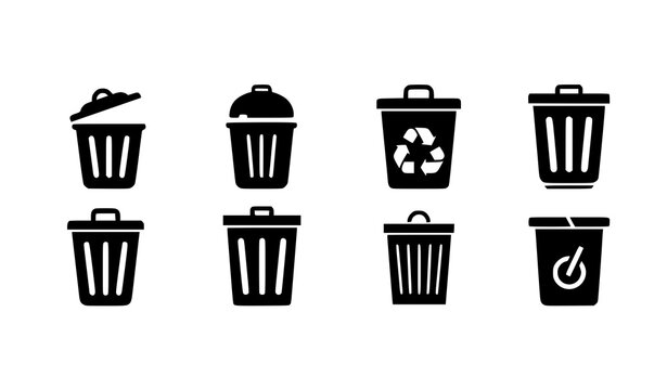 Minimal trash bin icon set with delete symbol and waste container vector icons